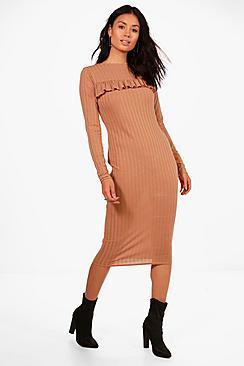 Boohoo Joanna Ribbed Frill Bodycon Midi Dress