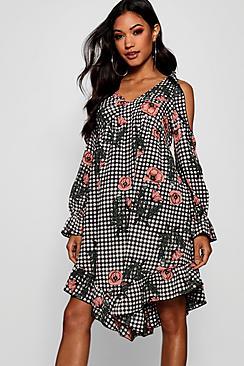 Boohoo Checked Floral Hanky Hem Skater Dress