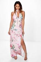 Boohoo Asari Floral Wrap Neck Tie Slinky Maxi Dress
