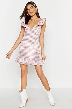 Boohoo Gingham Ruffle Detail Mini Dress