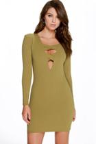 Boohoo Eleanor Cross Front Long Sleeve Bodycon Dress Olive
