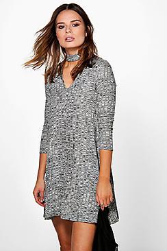 Boohoo Rose Choker Rib Knit Swing Dress