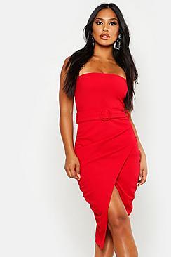 Boohoo Bandeau Belted Drape Midi Bodycon Dress