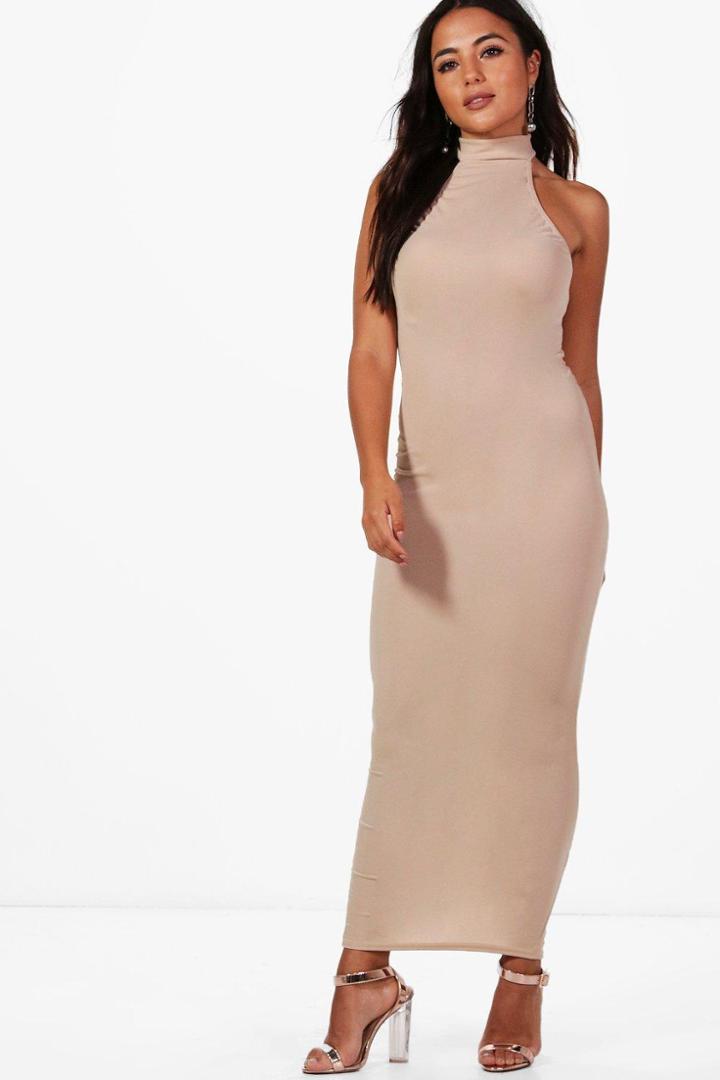 Boohoo Petite Taylor High Neck Backless Maxi Dress Sand