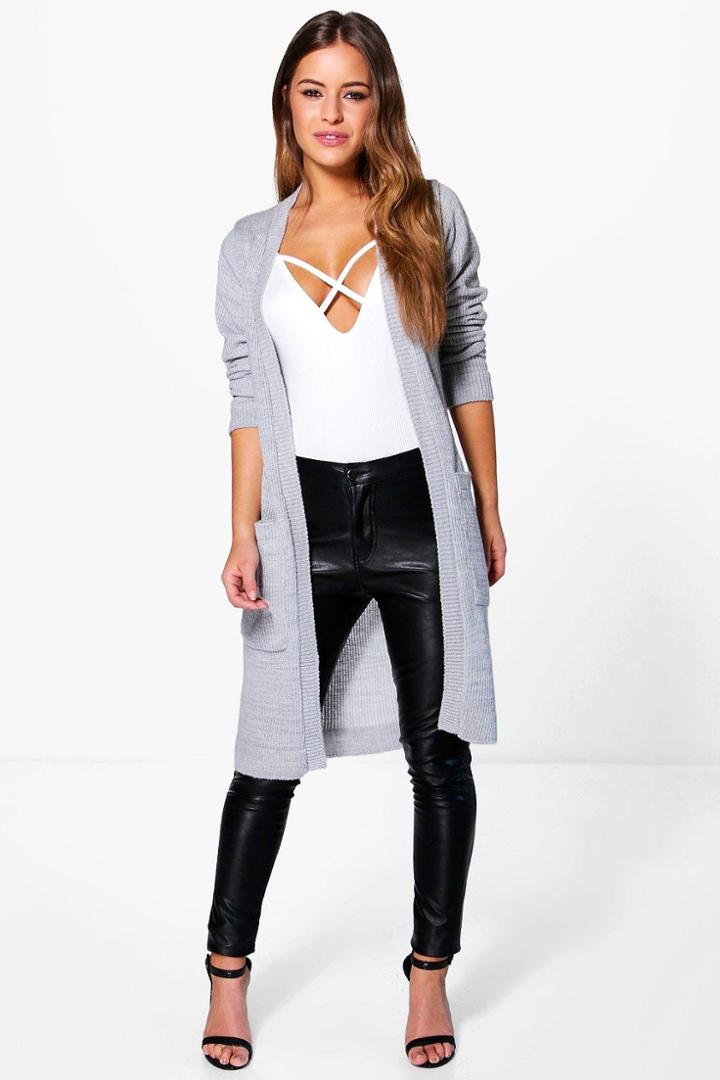 Boohoo Petite Becca Midi Length Cardigan With Pockets Silver