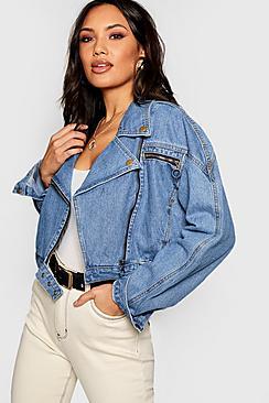 Boohoo Crop Biker Zip Denim Jacket