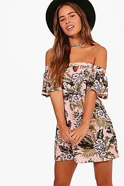 Boohoo Petite Saskia Tropical Print Bardot Skater Dress