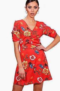 Boohoo Francesca Floral Rouched Sleeve Tea Dress