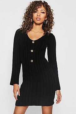 Boohoo Long Sleeve Rib Knit Gold Button Front Dress