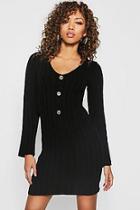 Boohoo Long Sleeve Rib Knit Gold Button Front Dress
