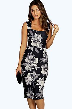 Boohoo Bex Monochrome Floral Sweetheart Midi Dress