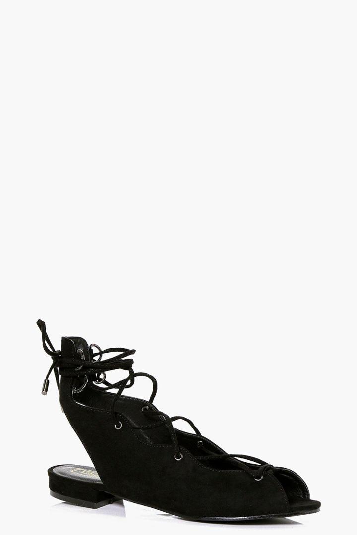Boohoo Violet Scallop Trim Ghillie Eyelet Flat Black