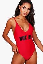 Boohoo Sydney Hot Af Slogan High Leg Swimsuit