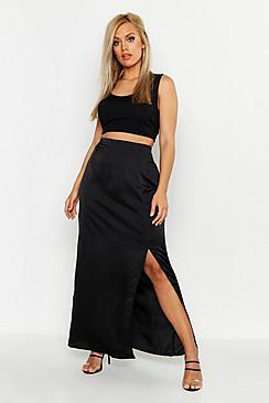 Boohoo Plus Satin Extreme Split Maxi Skirt