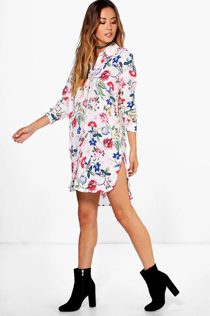 Boohoo Nikole Floral Shirt Dress White