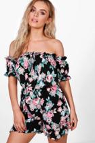 Boohoo Georgia Dark Floral Off Shoulder Playsuit Black