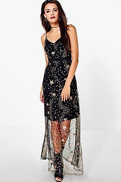 Boohoo Boutique Lola Sequin Star Print Strappy Maxi Dress