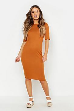 Boohoo Petite Knitted Ribbed Lettuce Hem Midi Dress