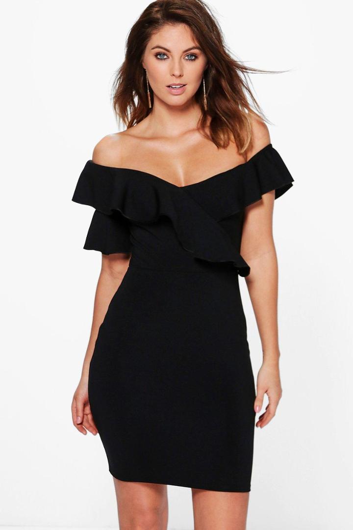 Boohoo Jess Frill Off Shoulder Detail Bodycon Dress Black