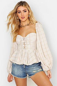 Boohoo Gingham Check Lace Up Peasant Peplum Top