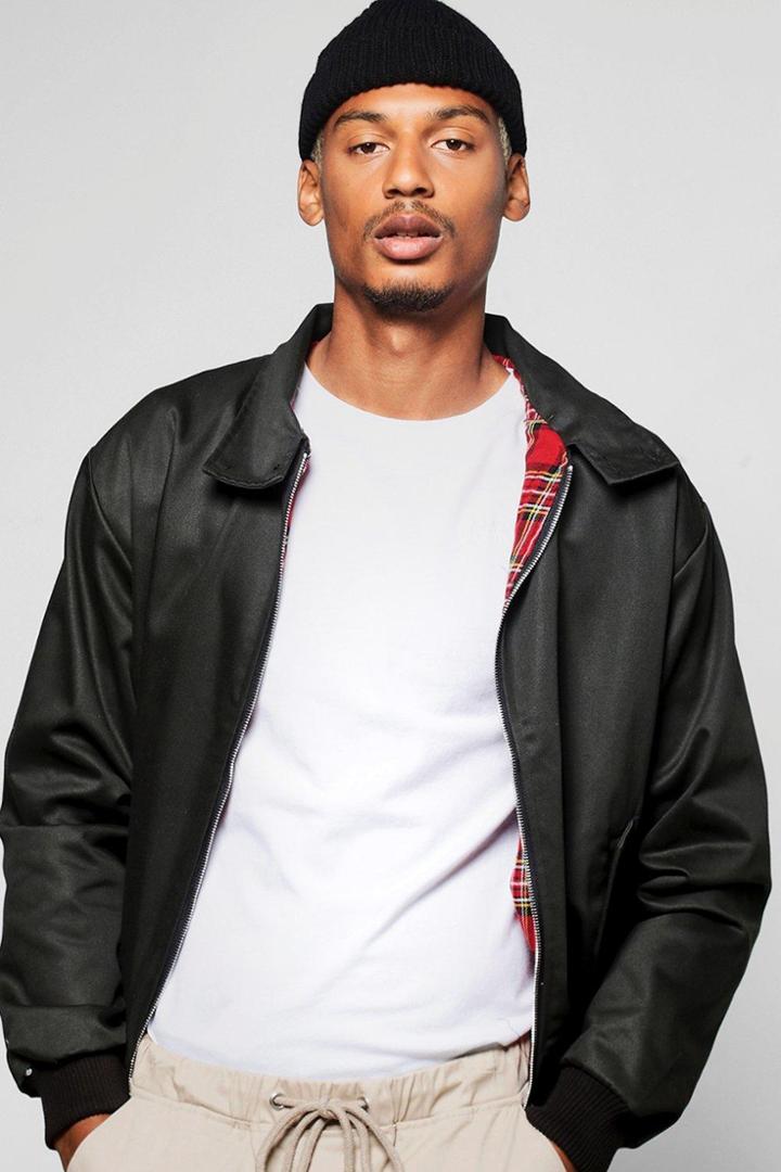 Boohoo Cotton Harrington Jacket With Tartan Lining Black