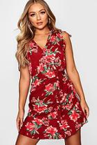 Boohoo Floral Button And Ruched Detail Mini Dress