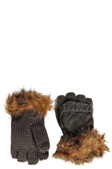 Boohoo Maggie Cable Knit Faux Fur Trim Gloves - Grey