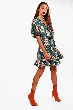 Boohoo Ruffle Wrap Floral Print Tea Dress