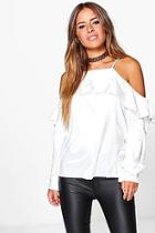 Boohoo Petite Holly Ruffle Open Shoulder Satin Blouse