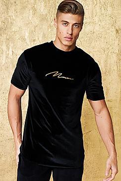 Boohoo Gold Man Signature Embroidered Velour T-shirt
