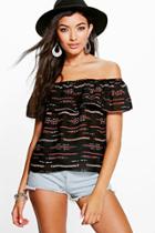 Boohoo Grace Printed Woven Off The Shoulder Top Black