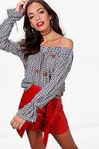 Boohoo Ava Embroidered Gingham Off The Shoulder Top