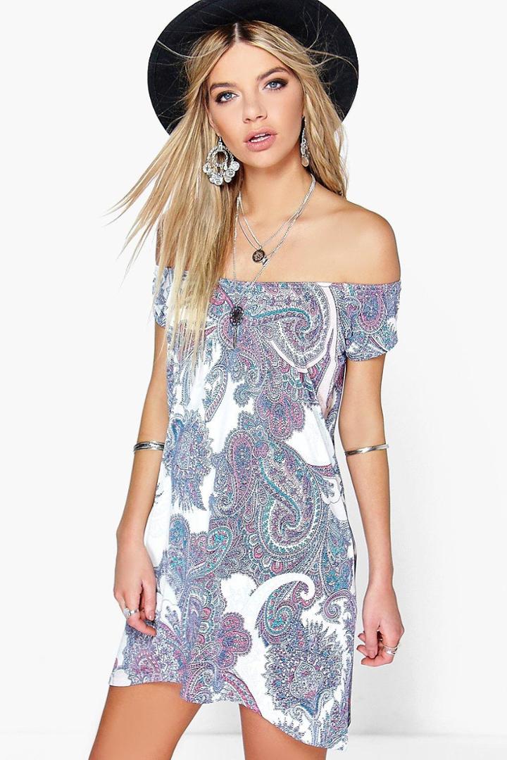 Boohoo Lily Paisley Printed Off Shoulder Dress Pink
