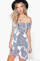 Boohoo Lily Paisley Printed Off Shoulder Dress Pink