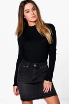 Boohoo Petite Lottie Frill Edge Rib High Neck Top Black