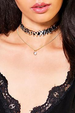 Boohoo Mae Merry Xmas Slogan Layered Choker