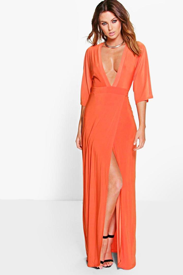 Boohoo Kerry Kimono Open Back Tie Detail Maxi Dress Orange