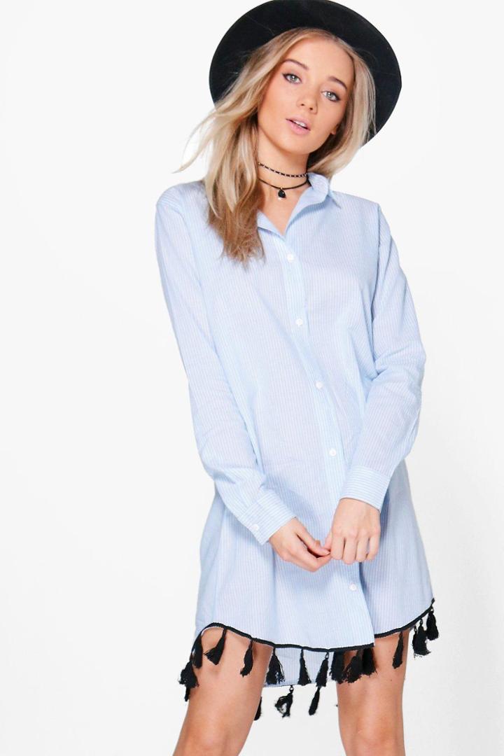 Boohoo Ellie Long Sleeved Tassel Shirt Dress Multi