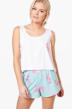 Boohoo Skye Flamingo Print Vest + Short Pjs