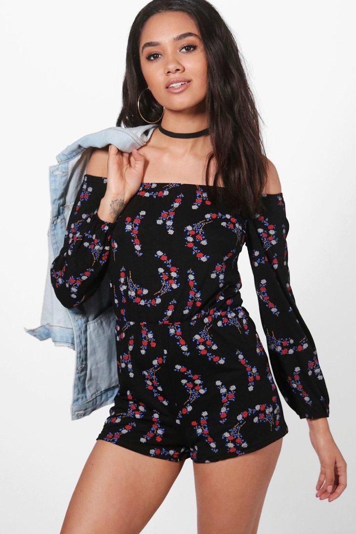 Boohoo Petite Holly Off The Shoulder Oriental Print Playsuit Multi
