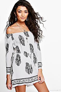 Boohoo Isla Off The Shoulder Printed Playsuit