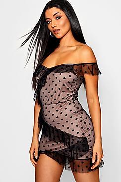 Boohoo Dobby Mesh Frill Off The Shoulder Bodycon Dress