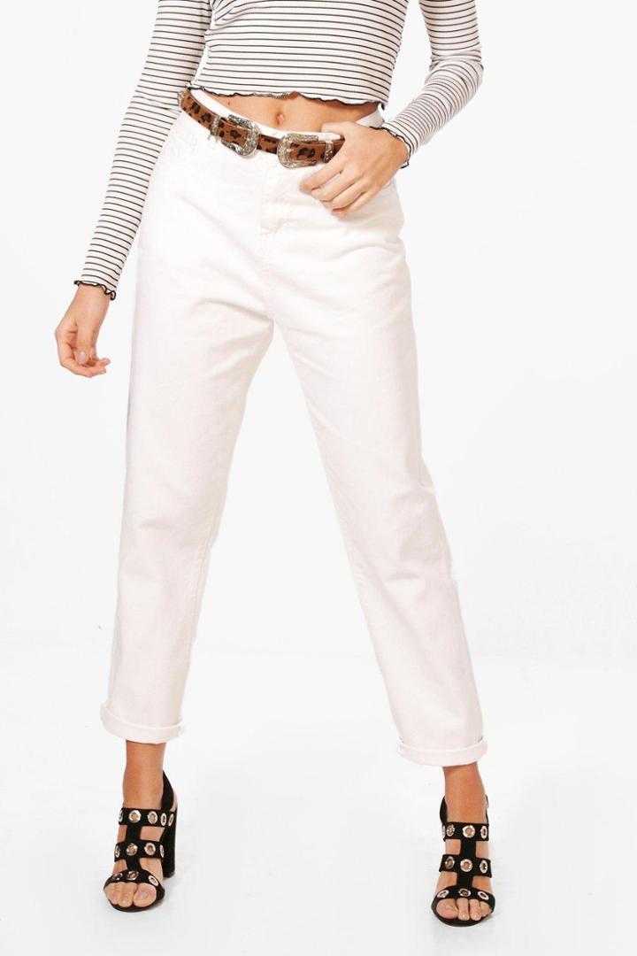 Boohoo Sophie High Waist Roll Hem Mom Jeans White