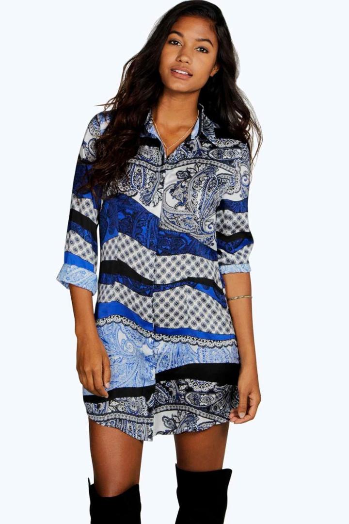 Boohoo Maisie Paisley Shirt Dress Blue