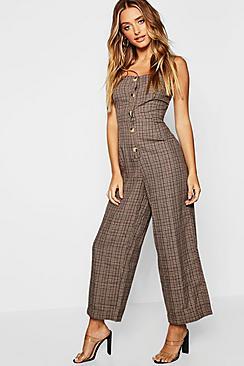 Boohoo Check Square Neck Button Pinafore Jumpsuit