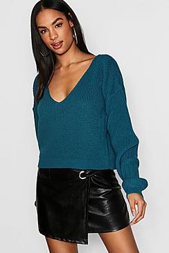 Boohoo Tall V Neck Fisherman Crop Sweater