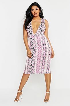 Boohoo Plus Neon Snake Plunge Front Midi Dress