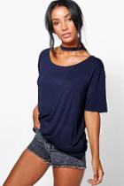 Boohoo Tara Raw Edge Choker Style Ss T-shirt Navy
