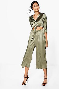 Boohoo Rose Satin Tie Shirt & Culotte Co-ord