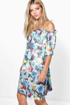 Boohoo Maisie Off The Shoulder Printed Dress Blue